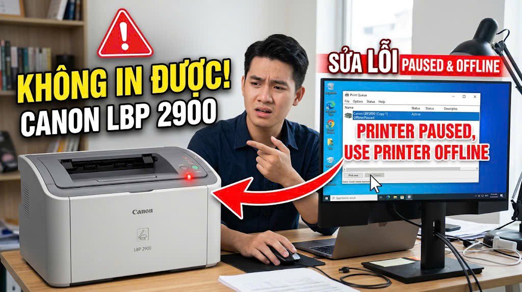 Máy in Canon LBP 2900 không in được, không nhận lệnh in và Cách Xử Lý | Paused, Use Printing Offline